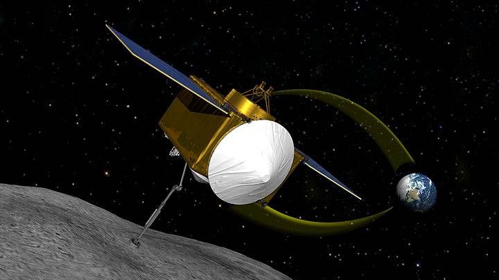 концепция космического корабля OSIRIS-REx, собирающего образец с астероида 1999 RQ36