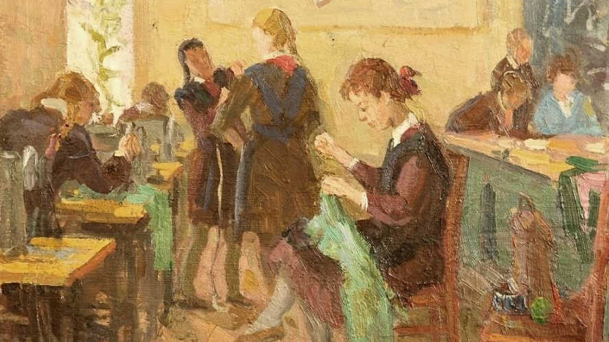 Верейский Георгий Семенович. Урок труда в школе у девочек. 1955