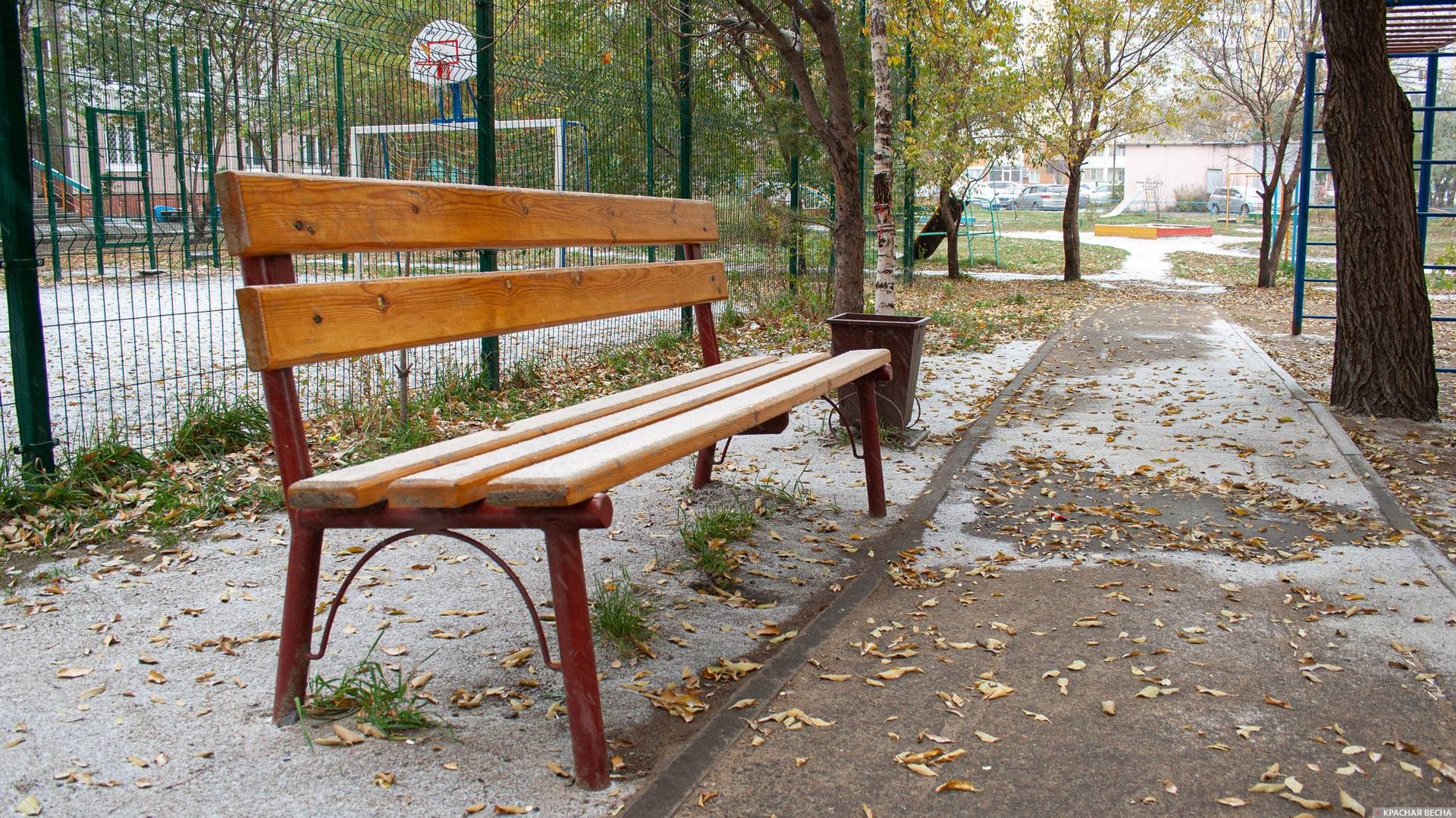 Лавочка во дворе. Первый снег