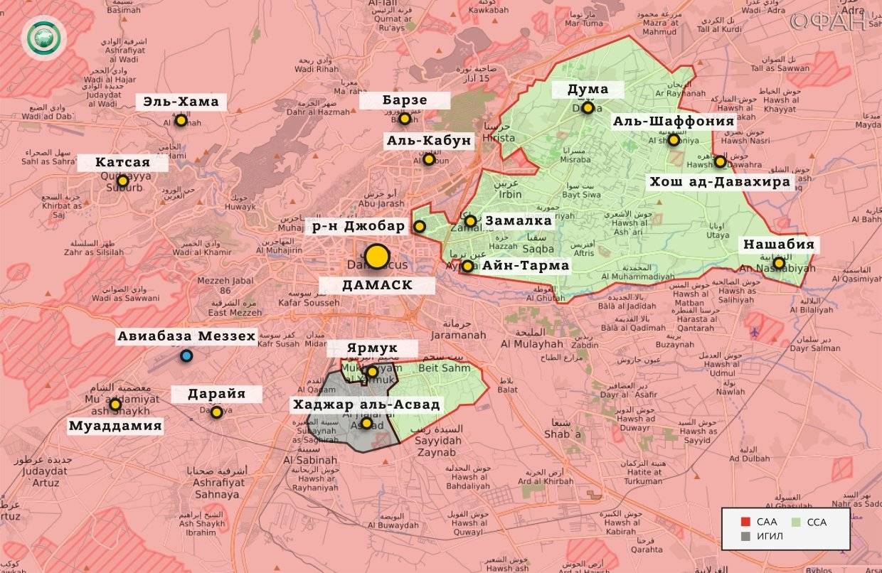 Карта окрестностей Дамаска до начала операции «Дамасская сталь» (приблизительно 14 февраля 2018 года)