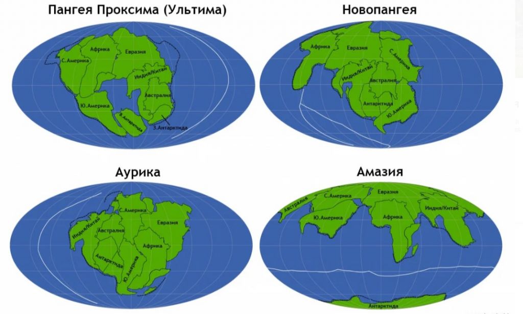 Схематичное расположение будущих суперконтинентов через 250 миллионов лет 