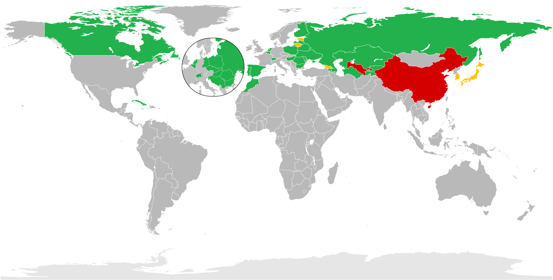 Карта Интервидения. Участие стран с 1977 года