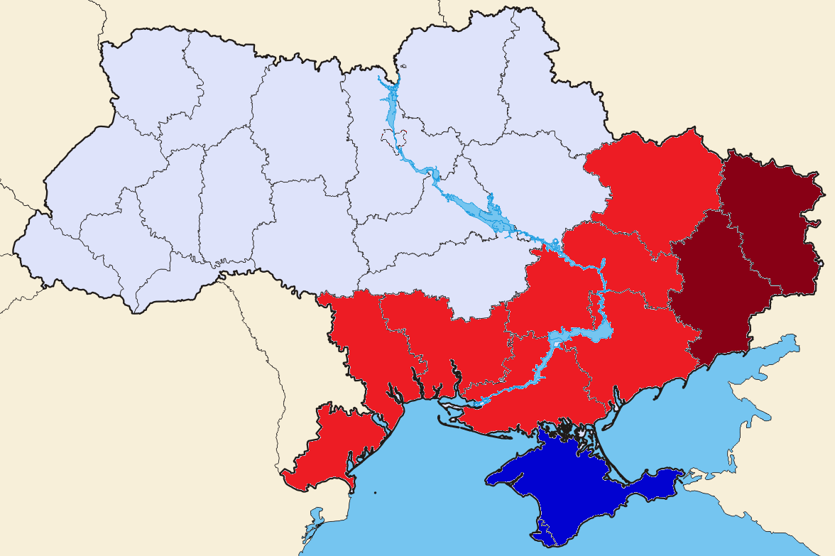 Карта Украины 2013 года. Бордовым отмечены Донецкая и Луганская области. Красным — регионы юго-востока Украины. Синим — полуостров Крым