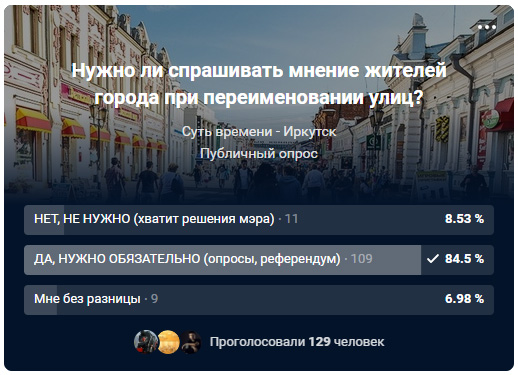 Опрос в группе «Суть времени - Иркутск» о способе принятия решений о переименованиях