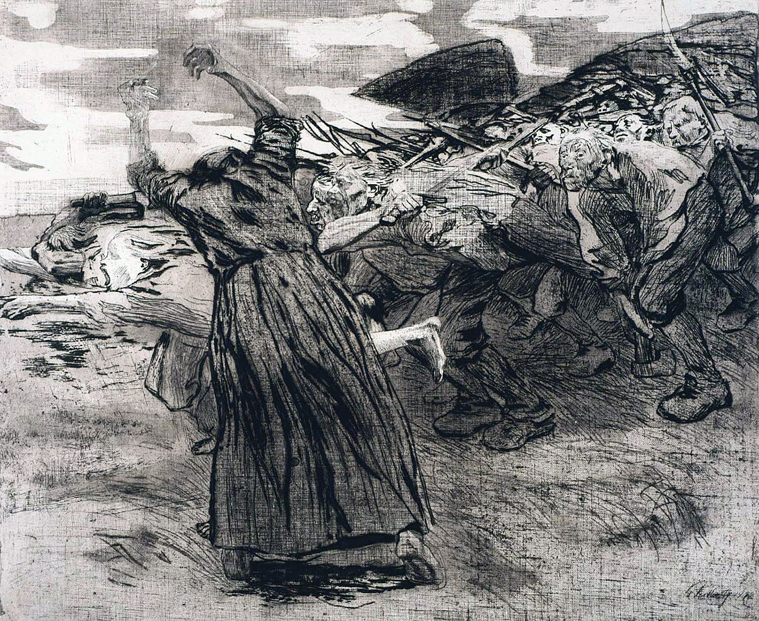 Кете Кольвиц. Крестьянская война, гравюра 5. Восстание. 1903