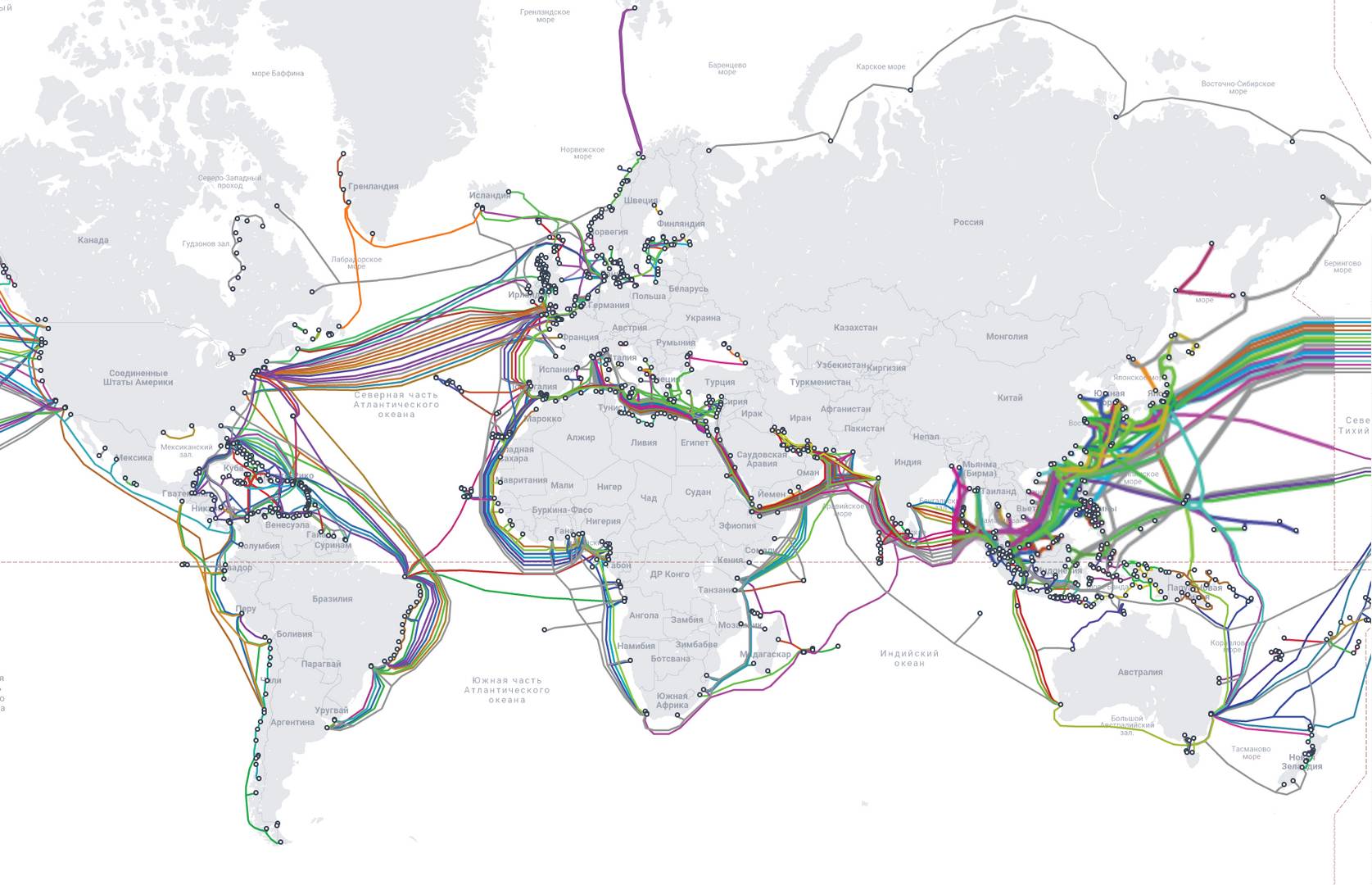 Снимок карты кабелей связи проекта Submarine Cable Map