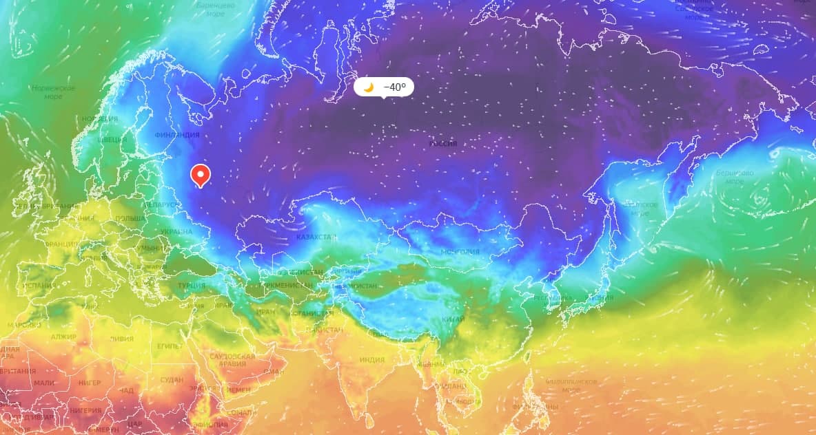 Температурная карта Евразии на 23 февраля. Цитата сервиса «Яндекс»