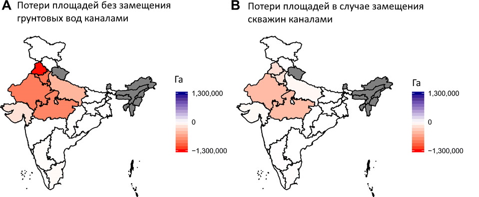 Оценки потерь озимых посевных площадей по штатам в связи с истощением подземных вод с заменой каналами и без нее