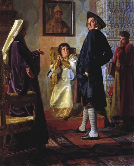 Николай Неврев.Пётр I в иноземном наряде перед матерью своей царицей Натальей, патриархом Андрианом и учителем Зотовым