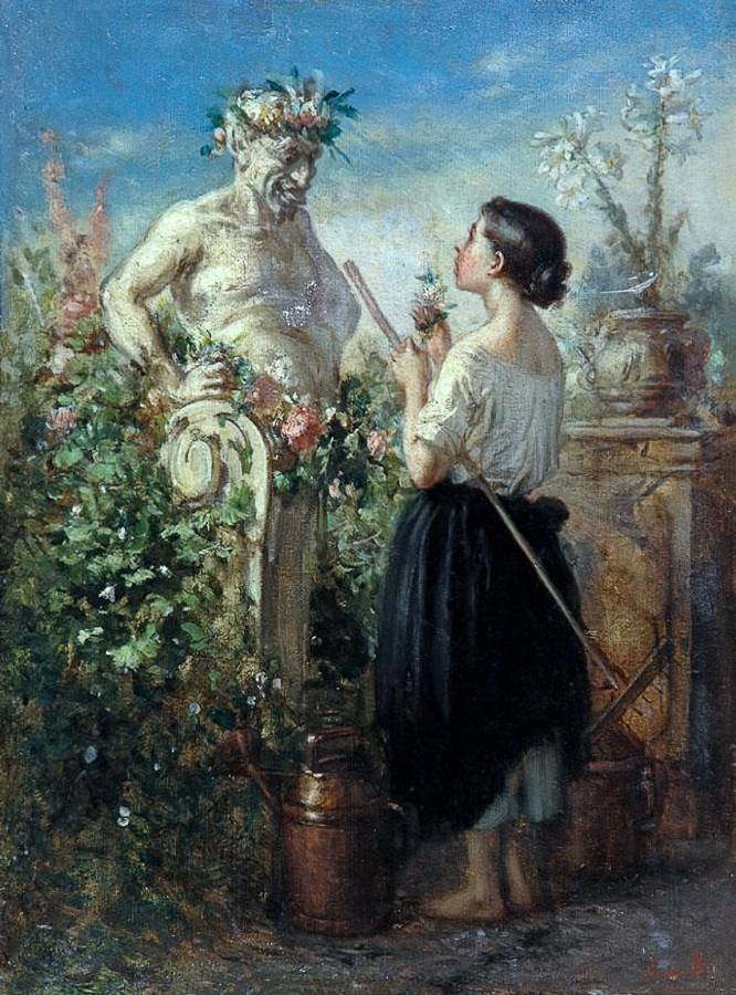 Неизвестный художник. Молодая девушка перед статуей сатира. XIX в.