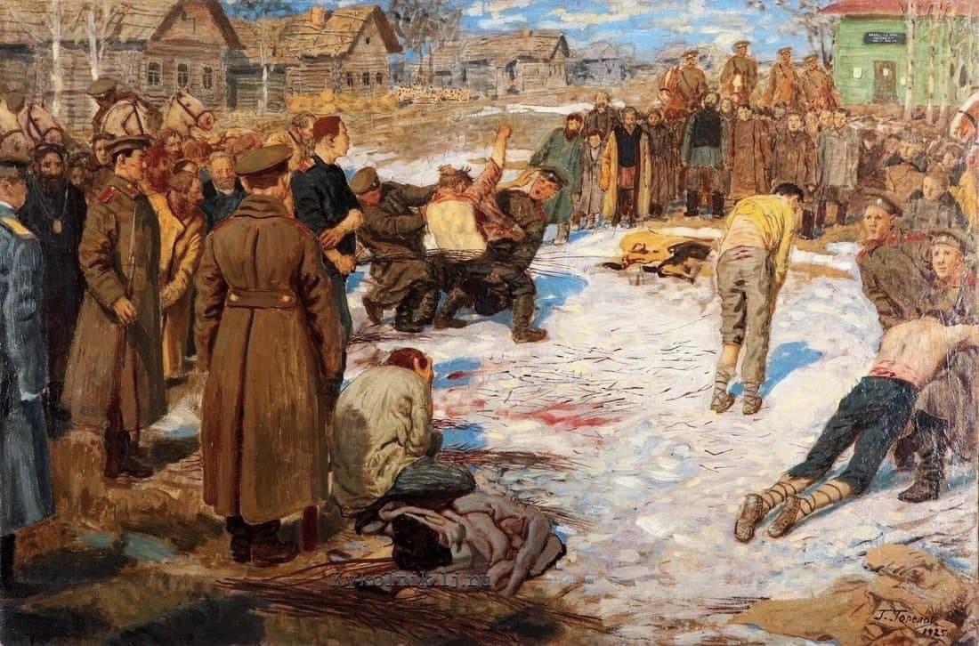 Гавриил Горелов. Порка крестьян в деревне. 1925