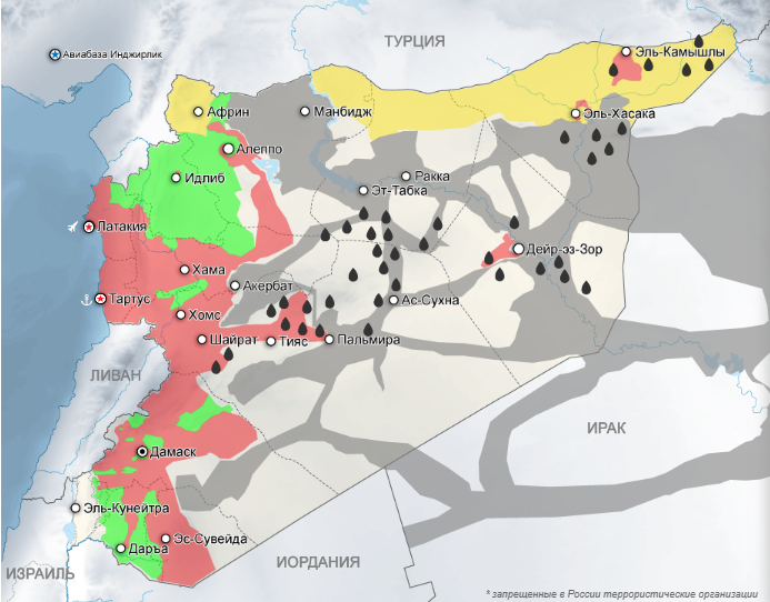 Карта военных действий в Сирии на начало операций российских ВКС осенью 2015 года (красным обозначены зоны контроля войск Асада)