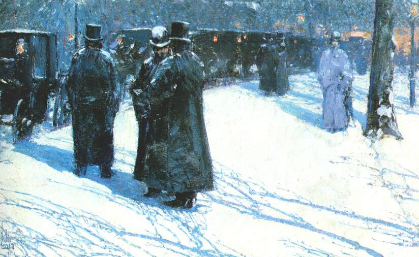 Чайлд Фредерик Хассам. Стоянка кэбов ночью, Мэдисон-сквер, Нью-Йорк. 1891
