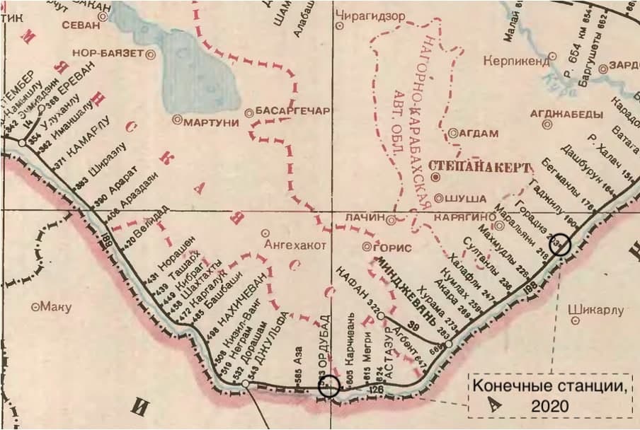 Конечные станции на Закавказской ж/д имени Л. П. Берия со стороны Нахичевани и Баку по состоянию на 2020 г.