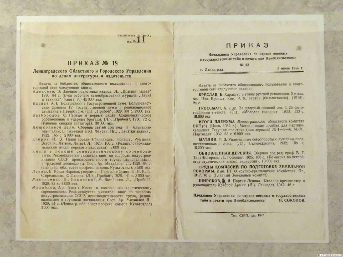 Приказ Ленинградского областного и городского Управления по делам литературы и издательств об изъятии книг из библиотек 08.04.1953 (слева) и Приказ начальника Управления по охране военных и государственных тайн в печати при Леноблисполкоме Н.•А.•Соколова об изъятии книг из библиотек от 05.07.1955 (справа)