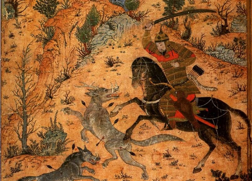 Исфандияр сражается с волками. Шахнамэ. Из альбомов Сарай Тебриз, ок. 1370