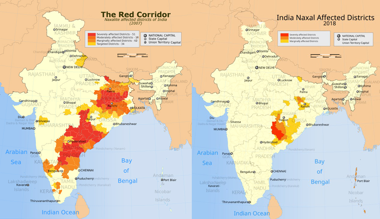 Зоны активности наксалитов в 2007 и в 2018 годах