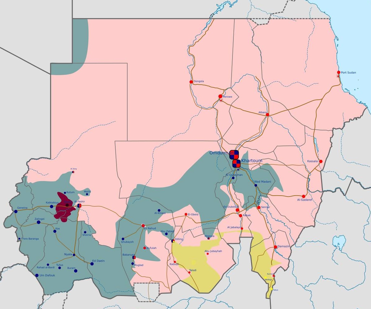 Карта гражданской войны в Судане, декабрь 2023 года. Розовым цветом обозначены территории, контролируемые армией, серо-зеленым — RSF, желтым — НОДС-Н, пурпурным — ОДС (Аль-Нур)