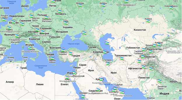 Интеративная карта с адресами избирательных участков, на которых можно проголосовать на выборах президента Узбекистана