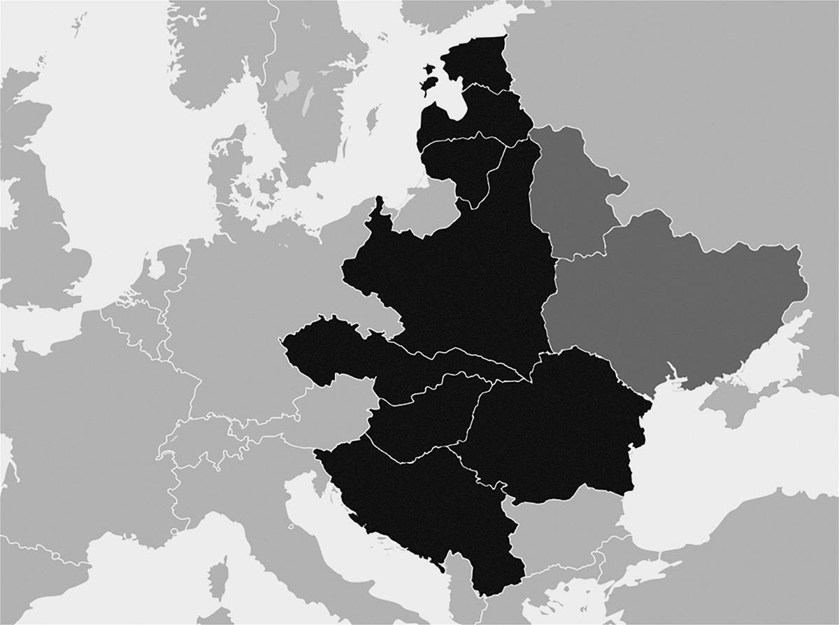 Проект Междуморья Пилсудского (темно-серым справа показаны территории, вошедшие позднее в состав СССР)