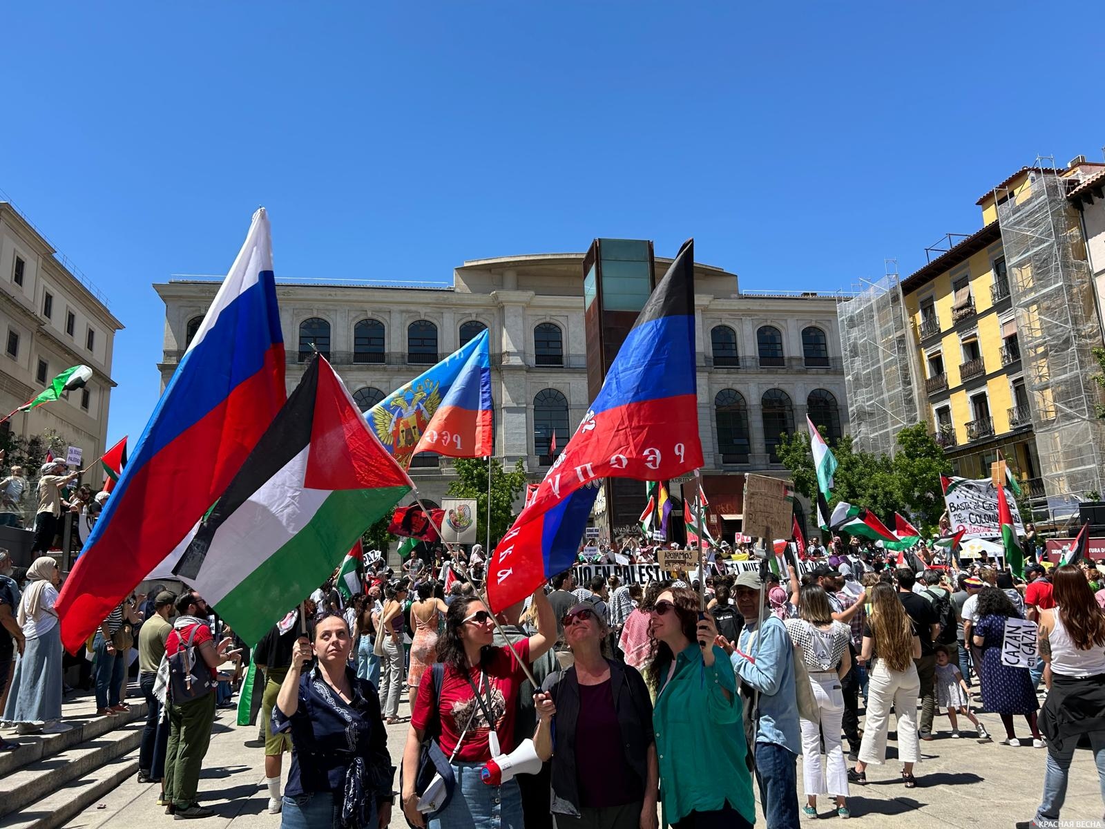 Флаги России, ЛНР и ДНР на марше за Палестину в Мадриде