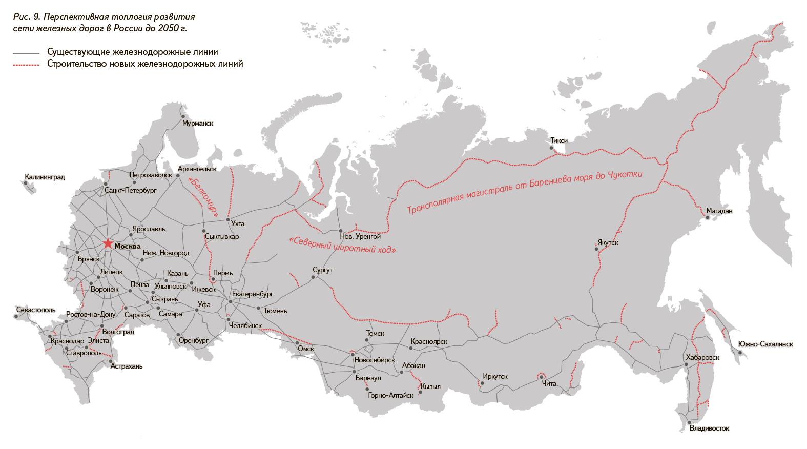 Рис. 9. Перспективная топлогия развития сети железных дорог в России до 2050 г.