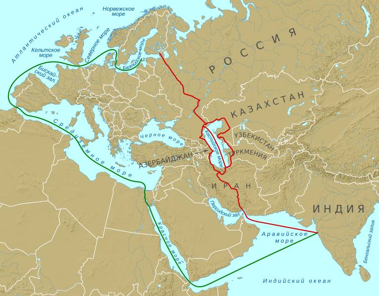 Международный транспортный коридор «Север — Юг» (красным цветом)