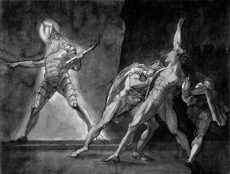 Иоганн Генрих Фюссли. Гамлет, Горацио, Марцелл и призрак отца Гамлета. 1780—1785