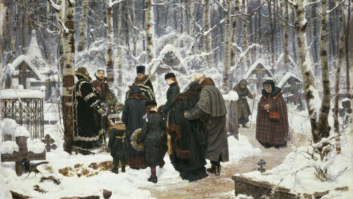 Константин Савицкий. Панихида в 9-й день на кладбище. 1885