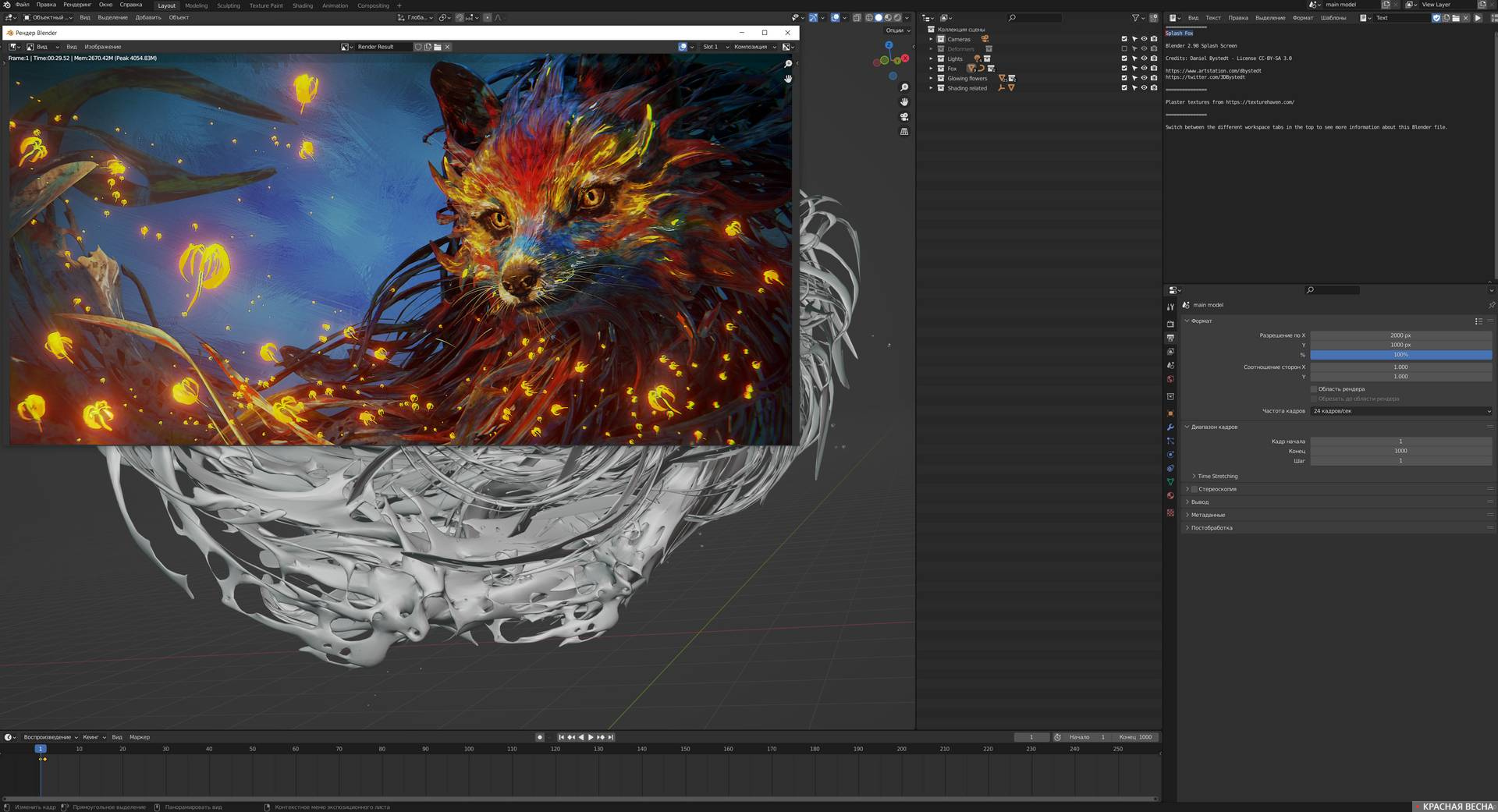 Рендеринг модели Splash Fox от Daniel Bystedt в Blender 3