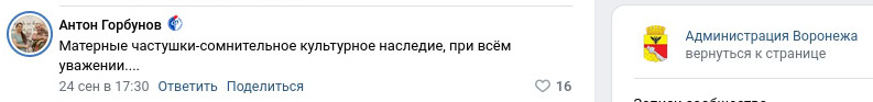 Скриншот со страницы сообщества «Администрация Воронежа» в социальной сети «ВКонтакте», 19 октября 2024 года