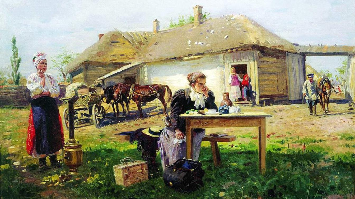 Владимир Маковский. Приезд учительницы в деревню. 1897