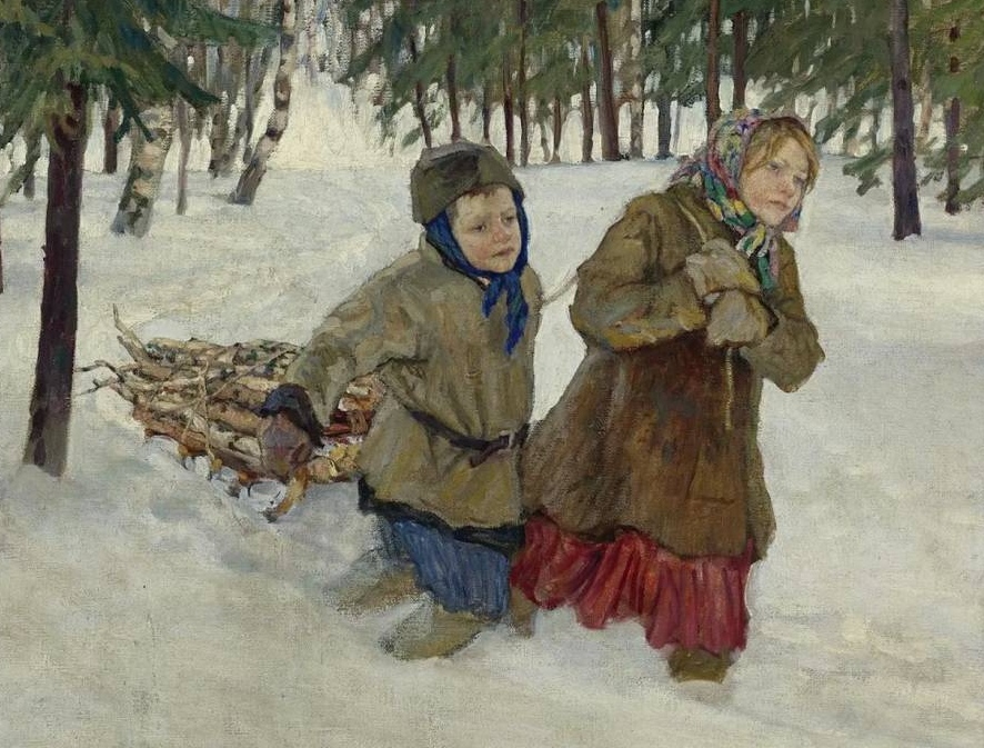 Николай Богданов-Бельский. Везущие дрова по снегу (фрагмент). 1886