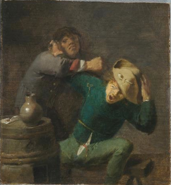 Адриан Брауэр. Два дерущихся крестьяника с бочкой. 1635-1637