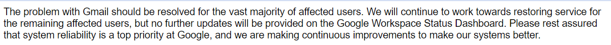 Сообщение компании Google о восстановлении работоспособности сервисов