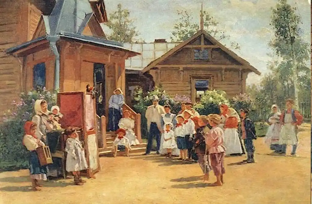 В. Маковский. Кукольный театр в деревне. 1908