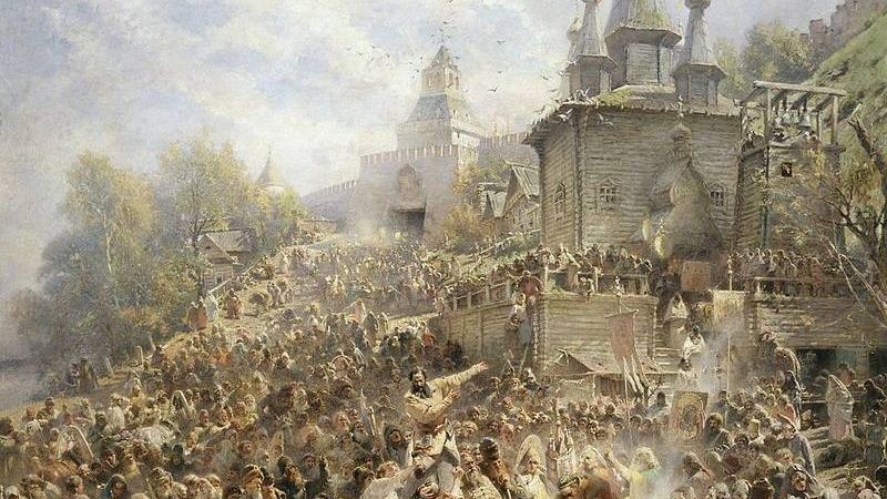 Константин Маковский. Минин на площади Нижнего Новгорода, возле церкви Иоанна Предтечи, призывающий народ к пожертвованиям (фрагмент). 1896