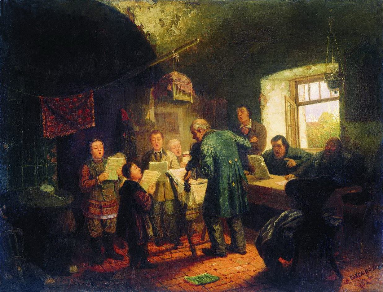 Леонид Соломаткин. Спевка. Урок пения (Спевка в сторожке церковной). 1875