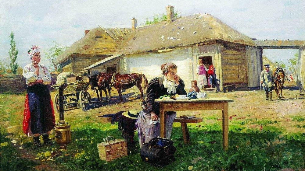 Константин Егорович Маковский. Приезд учительницы в деревню. 1896-1897