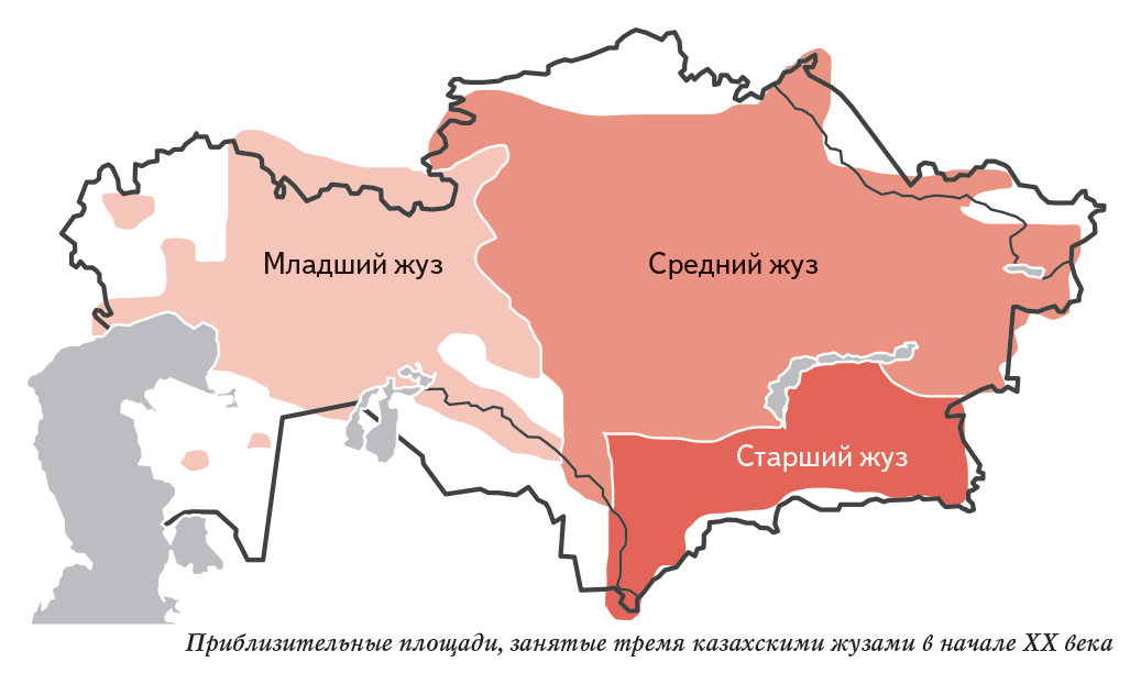 Приблизительные площади, занятые тремя казахскими жузами в начале XX века